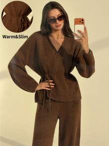 Aloruh 简约通勤咖啡色系带泡泡袖开衫+阔腿针织裤休闲套装，适合秋冬季办公室穿着。 - 咖啡棕 - 查看 2