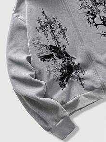 ROMWE MEN Goth Felpa con cappuccio casual da uomo con stampa a croce, con colletto morbido, stile casual primaverile, adatta per autunno/inverno, stile Y2K - Grigio - Visualizzare 3