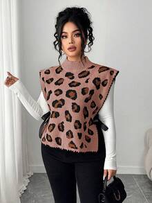 Elenzga Áo len dệt kim dáng rộng không tay buộc dây họa tiết da báo thanh lịch dành cho nữ, cỡ lớn, phù hợp mặc ngoài mùa thu/đông - Màu Hồng baby - Xem 5