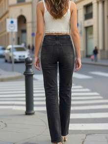 Hombre Corte Clásico Pantalón Vaquero Estilo Casual Trabajo Diario Jeans - Negro - Ver 2