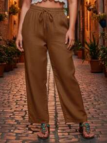 Pantalón de pierna ancha para mujer, clásico y casual, tela viscosa y nailon, apto para temporadas de primavera y verano, ajuste de cintura natural con resorte ligero y cordón para un mejor ajuste. Bolsillos laterales funcionales. Interior muy suave, fresco y ligero con tu piel. - Café integral - Ver 1