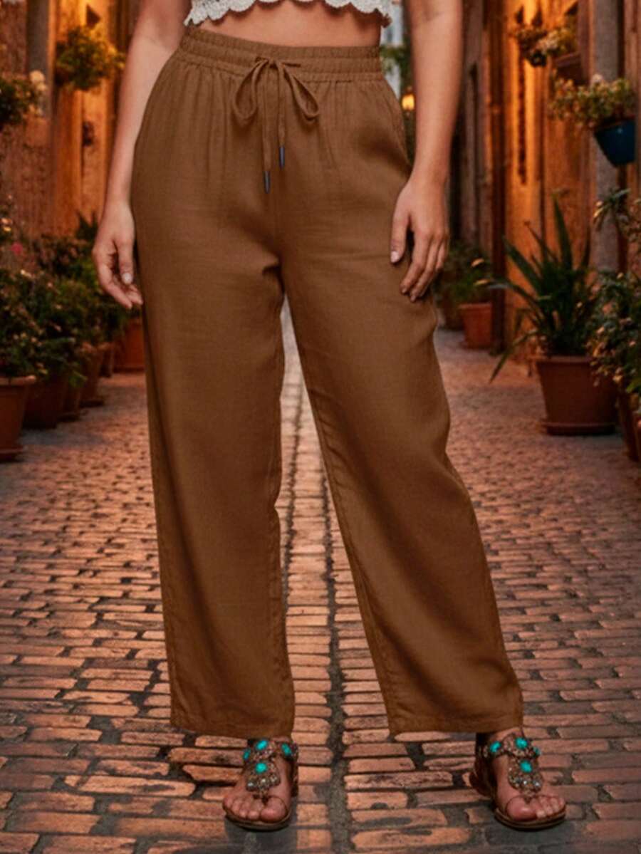 Pantalón de pierna ancha para mujer, clásico y casual, tela viscosa y nailon, apto para temporadas de primavera y verano, ajuste de cintura natural con resorte ligero y cordón para un mejor ajuste. Bolsillos laterales funcionales. Interior muy suave, fresco y ligero con tu piel. - Café integral - Ver 1