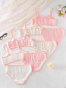 Ensembles de soutien-gorge et de culotte pour préadolescentes - 4 paquets, imprimé floral rose pastel et blanc avec bordure en dentelle, bretelles réglables, taille élastique confortable, léger pour le sommeil, le repos et le port quotidien, idéal pour toutes les saisons, 2026 Vacances, mignon et délicat, essentiel