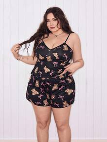 SHEIN Ensemble de pyjama doux et confortable à imprimé nœud et ours mignon, grande taille, style mode - Noir - Voir 4