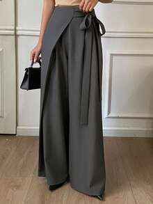 DAZY 女士优雅宽松系带斜领纯色长裤，适合春秋季穿着 - 灰色 - 查看 4
