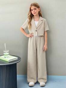SHEIN Tween Girls Striped Lapel Collar Short Sleeve Jacket And Straight Leg Pants Casual Suit Set,Kids - Khaki - View 5