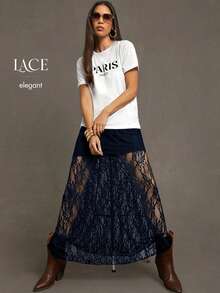 Siren Gaze 女士性感野花蕾丝拼接轻盈透气长款夏季裙 - 藏蓝色 - 查看 7