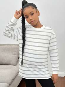 SHEIN Tween Girls' Casual Striped Crew Neck Pullover Sweatshirt - Grey - View 3