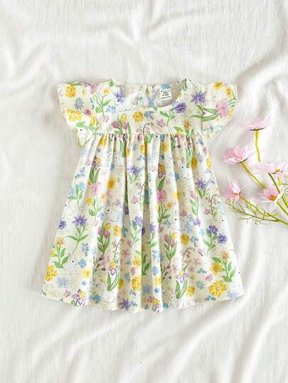 SHEIN Vintaside Kids Baby Girl Toddler/Newborn 0-3 Years Old Casual Cute Sweet Ruffled Sleeve Dress, Versatile For Daily Wear, Spring/Summer