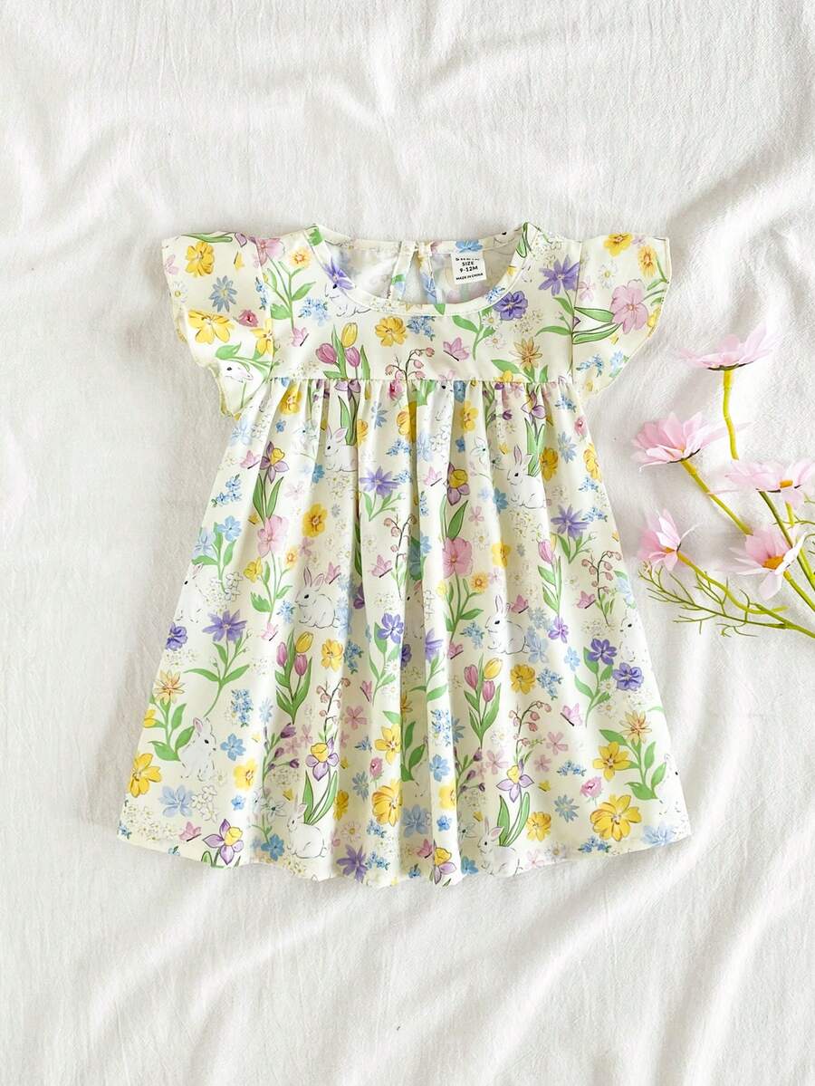 SHEIN 女婴幼儿/新生儿 0-3 岁 休闲可爱甜美荷叶边袖连衣裙,适合日常穿着,春夏皆宜 - 黃色 - 查看 1