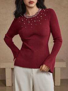 DAZY Women's Elegant Solid Color Beaded Round Neck Flare Sleeve Sweater, Autumn/Winter - Burgundy - View 1