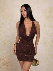 SHEIN PETITE 棕色水晶装饰露背紧身迷你连衣裙，优雅适合派对、夜店、鸡尾酒会、宴会、夜间外出、舞会等场合。 - 棕色 - 查看 6