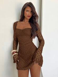 Aloruh Women's Elegant Square Neck Ruched Flare Sleeve Fitted A-Line Mini Dress, Textured Fabric Long Sleeve Elegant Dress