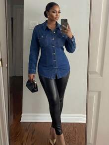 Slaydiva 大码性感紧身蓝色牛仔长袖衬衫