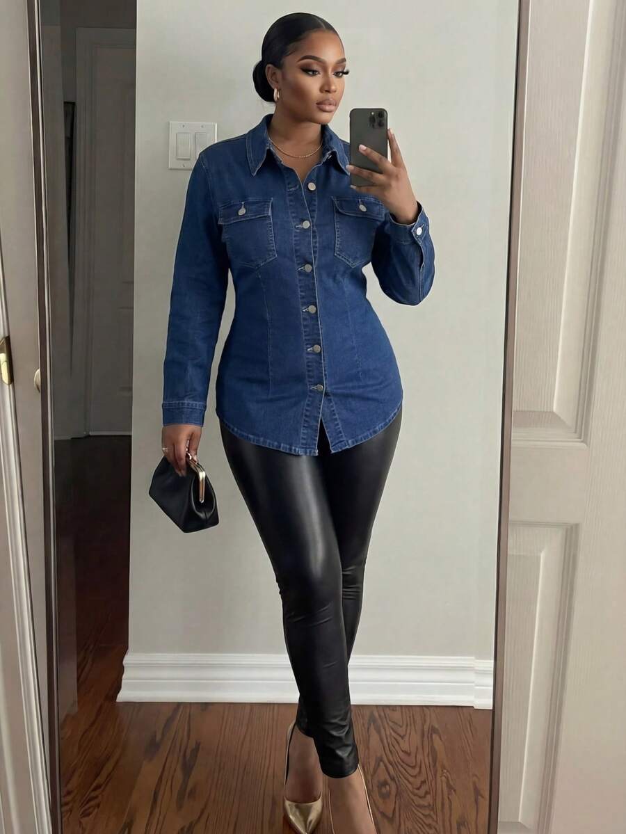 Slaydiva 大码性感紧身蓝色牛仔长袖衬衫