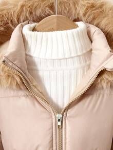 Young Girls' Warm Fleece Hooded Padded Coat, Winter - Khaki - View 7