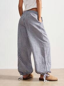 Bohemela Boho Striped Patchwork Loose Wide Leg Pants For Women, Suitable For Spring, Summer, Beach Vacation, Valentine's Day, Music Festival - Grey - View 7