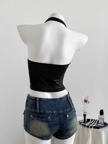 SHEIN EZwear Women's Deep V Neck Halter Tie Back Sleeveless Ruched Front Backless Crop Halter Top