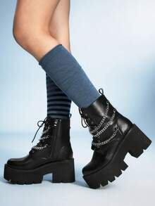 Sugerpunk Women's New Metal Chain Thick Sole Side Zipper Fashion 8cm High Heel Riding Boots - Black - View 5