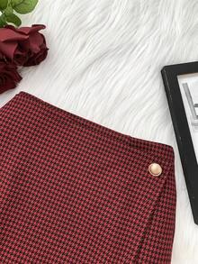 SHEIN 少女千鸟格A字裙，适合节日派对、新年等场合 - 紅色 - 查看 3