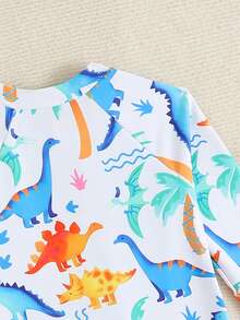 SHEIN Toddler Boys' Swimsuit, Cute Cartoon Dinosaur Print Long Sleeve One-Piece Swimwear With Sun Hat, Suitable For Summer Vacation, Beach, Surfing, Water Park - Multicolor - View 4