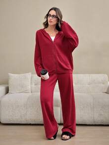 HautHeat 女士红色宽松纯棉休闲连帽拉链卫衣裤睡衣家居服套装，柔软舒适，适合居家、外出、街头风、圣诞节感恩节、秋季和冬季穿着。 - 酒紅色 - 查看 4