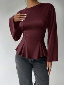 Aloruh Women's Casual Round Neck T-Shirt With Ruched Waist, Solid Color T-Shirt For Daily Commute And Home Wear, Long Sleeve Knit T-Shirt With Floral Mesh Burgundy Blouse - Burgundy - View 4