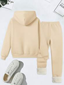 Mujer Estilo Cute Conjunto de Sudadera y Pantalones con Estampado de Oso Teddy Forro Peludo Corte Amplio Capucha Mangas Largas Temporada Invierno Salidas Informales,Esponjoso , forro polar - Beis - Ver 2