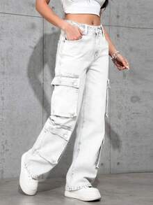 RED MARINE Pantalones Largos de Mujer Estilo Denim con Múltiples Bolsillos - Pantalones Rectos de Moda para Mujeres - Blanco - Ver 3