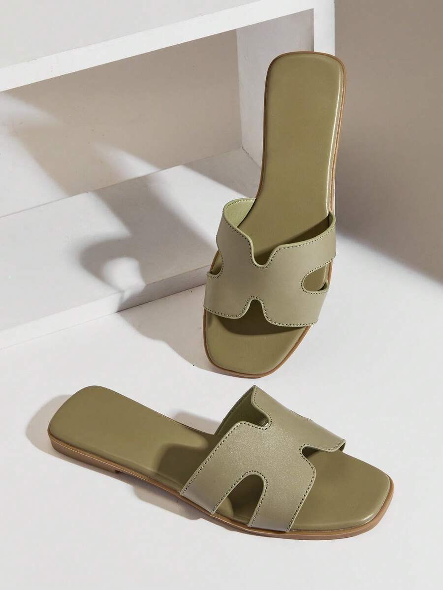 SHUZIA #QuietLuxury Women's Open Toe Harness Cut Out Soft Cushions Premium-Feel Faux Leather Refined Taupe Olive Slide Sandal- Stylish, Comfortable & Easy To Pair Valentine's Day - Olive Green - View 1