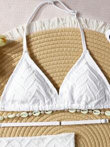 SHEIN Tween Girl 3 PiecesSwimsuit Set: White Textured Knit Camisole, Swim Shorts, And Wrap Skirt - White - View 4