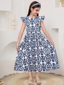 SHEIN Tween Girl Woven Blue & White Print Round Neck Ruffle Sleeve Cinched Waist Mid-Length Dress, Suitable For Travel, Vacation, Countryside Style, Casual, Boho, Matching Sister & Daughter, Blue Dress - Blue and White - View 9
