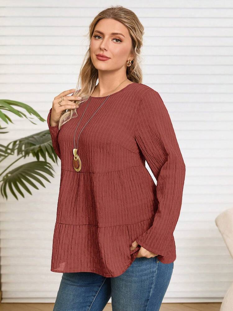 Plus Size Solid Color Round Neck Long Sleeve Pleated Minimalist Blouse, Casual Everyday Wear, Autumn&Winter Women Clothes