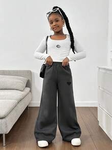 SHEIN Pantalones con forro térmico para niñas preadolescentes, adecuados para deportes al aire libre en otoño/invierno - Gris Oscuro - Ver 4