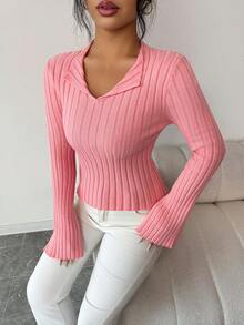 SHEIN Elenzya 女士优雅复古斯德哥尔摩风格高领喇叭袖修身毛衣，适合休闲约会、工作、感恩节、派对、办公室穿着。 - 粉色 - 查看 7