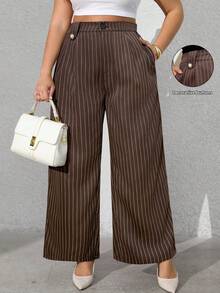 Vionelle Plus Size Women's French Style Casual Elegant Striped Dress Pants, Autumn/Winter Stripe Pants Tall Women Pants Brown Pants For Women Pants Wide Leg Pleated Pants Wide Leg Pants