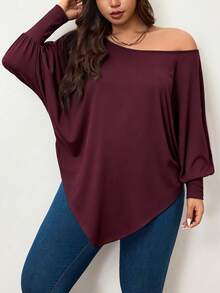 Enliva 大码女式不对称下摆蝙蝠袖纯色宽松休闲T恤，适合秋季、冬季、情人节、爱情、礼物、浪漫、情人节快乐、2026新年等场合，适合苹果型和圆润身材 - 酒紅色 - 查看 3