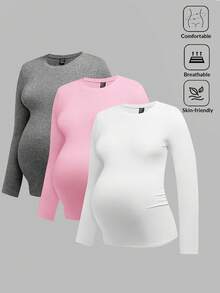 Modmama 3pcs/Set Maternity Casual Round Neck Long Sleeve Fitted Pregnancy T-Shirt Pregnancy Clothing Maternity Tops Pregnancy Shirts Postpartum Clothes Curve Maternity Clothes