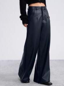 DAZY Pantalones anchos de cintura baja y sueltos de cuero sintético de moda casual y versátil para mujer - Azul Marino - Ver 3