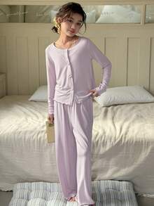 DAZY 3pcs Tween Girls Camisole Top, Cardigan And Pants Pajama Set Spring - Mauve Purple - View 3