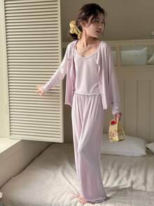DAZY 3pcs Tween Girls Camisole Top, Cardigan And Pants Pajama Set Spring - Mauve Purple - View 5