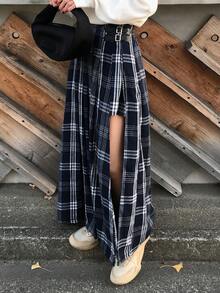 FRIFUL 女士休闲时尚街头风学院风格子印花高开衩双扣细节半身裙 - 黑與白 - 查看 5