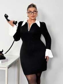 Truni Plus Size Minimalist Color Block Flare Sleeve Bodycon Dress, Suitable For Commuting/Autumn /Winter - Black and White - View 3