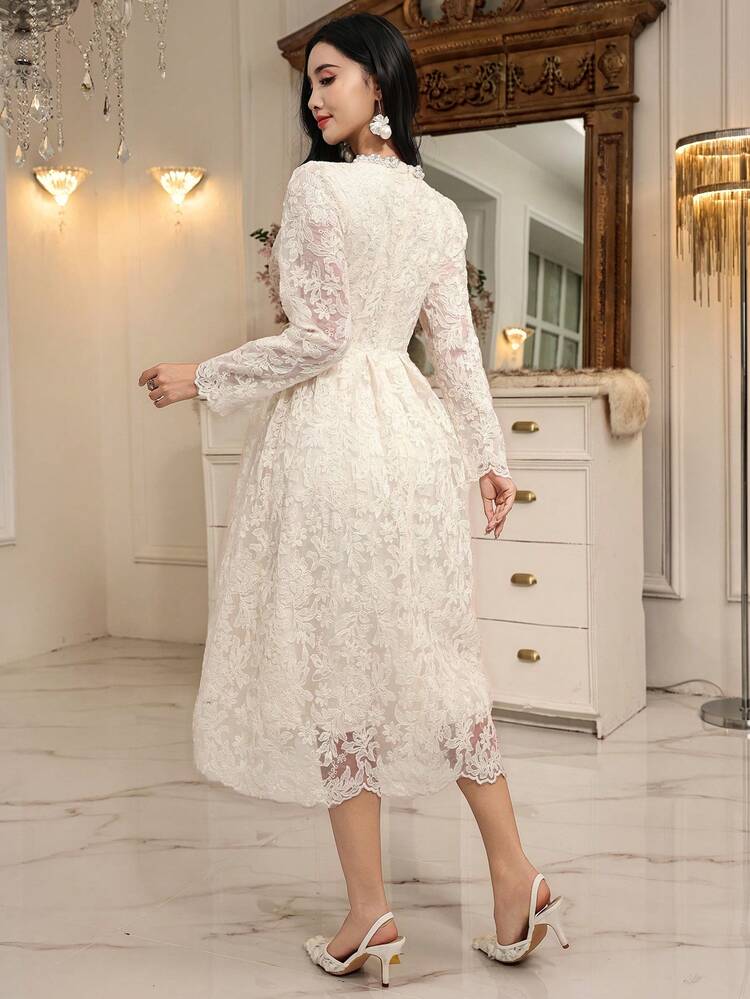 Elegant Hollow-Out Embroidered Round Neck Beaded Long Sleeve Waist Cinched Lace Dress For Women Sundress
