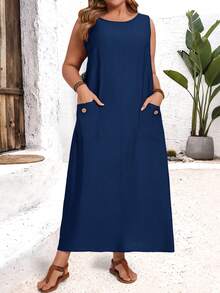 EMERY ROSE Plus Size Solid Color Round Neck Sleeveless Loose Dress With Pockets/Summer/Spring/Vacation - Navy Blue - View 6