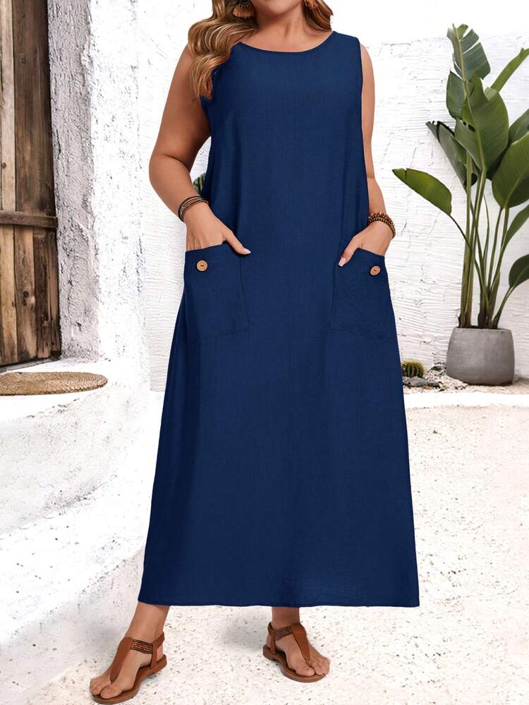 Plus Size Solid Color Round Neck Sleeveless Loose Dress With Pockets/Summer/Spring/Vacation