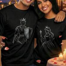 Playera pareja para hombre y mujer, estilo casual romántico, estampado gráfico moderno, corte holgado, cuello redondo, manga corta, verano, citas y salidas,San valentin, 14 de febrero, amor, corazon, pareja - Negro - Ver 1