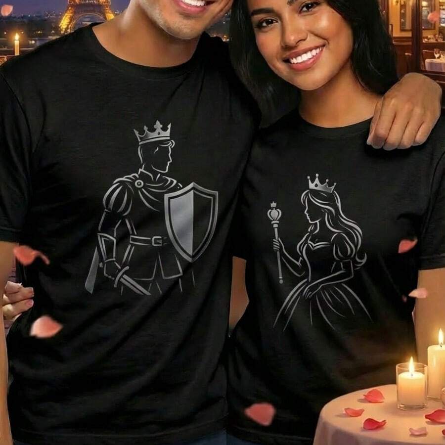 Playera pareja para hombre y mujer, estilo casual romántico, estampado gráfico moderno, corte holgado, cuello redondo, manga corta, verano, citas y salidas,San valentin, 14 de febrero, amor, corazon, pareja - Negro - Ver 1
