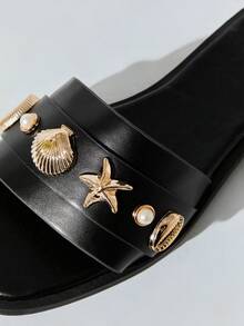 SHUZIA Women's Square Toe Glamorous Sea Shell Decor Cross Band Slip On Sandals Valentine's Day Summer Shoes - Black - View 6
