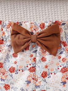 SHEIN Elladie kids 2件套女童夏季休闲纯色荷叶边上衣和印花蝴蝶结装饰短裤套装 - 棕色 - 查看 6